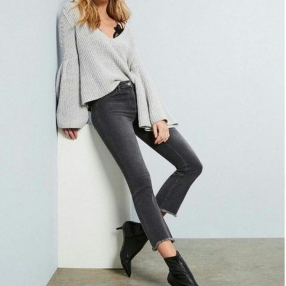 Free People Straight Leg Jeans Mid Rise Raw Hem Ankle Crop Black Gray 27 - Picture 12 of 16